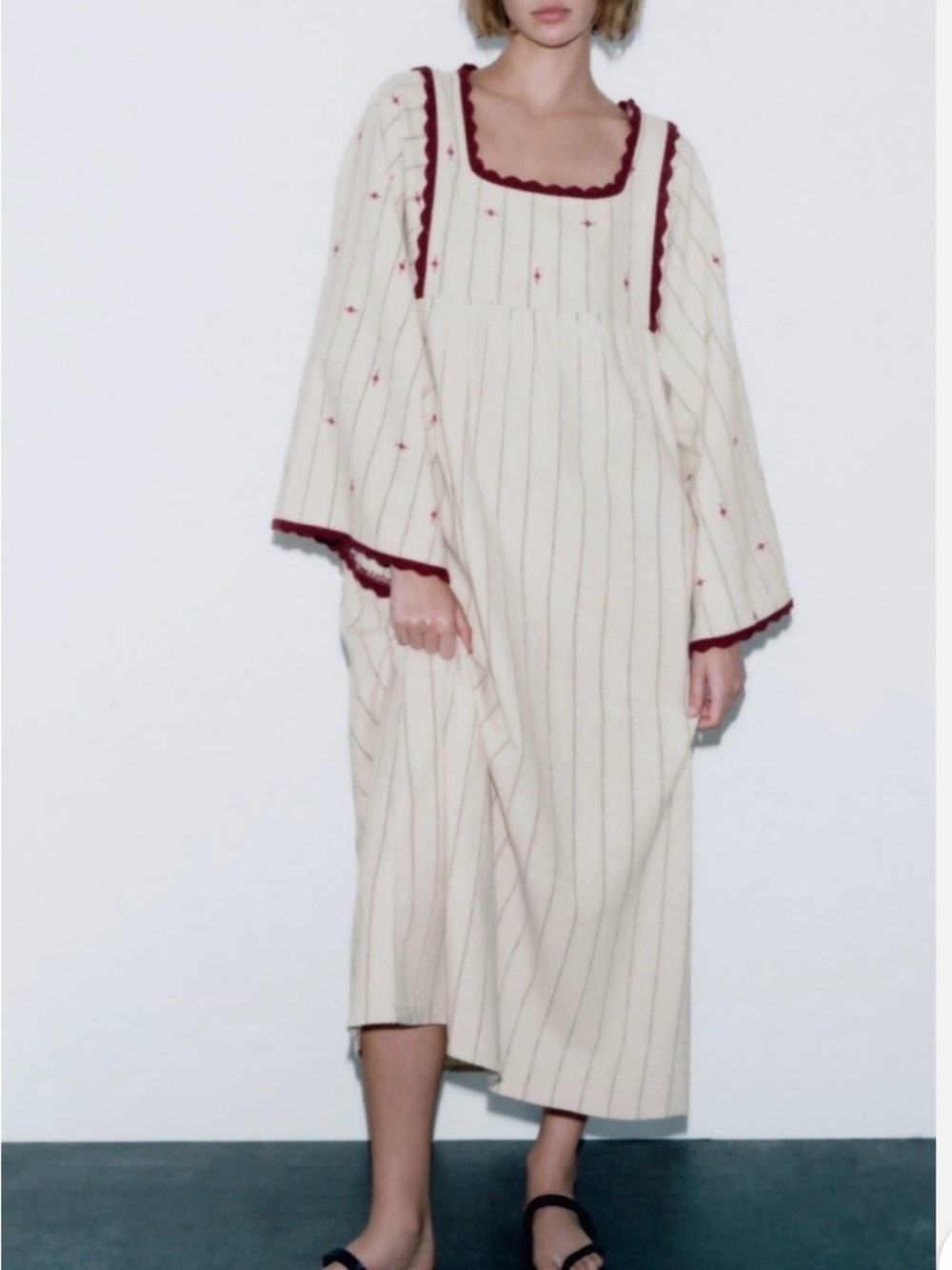 Zara Cream Midi Dress with Burgundy Trim 
 Size S